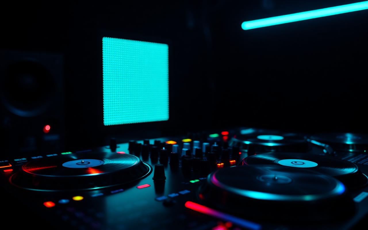 Console da DJ con vinili e luci neon